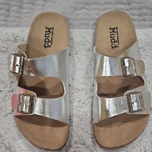 Mudd Metallic Silver Double Buckle Slide Sandals